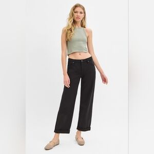 RISEN Mid Rise Tummy Control Barrel Jeans Black Cuffed Relaxed Baggy New